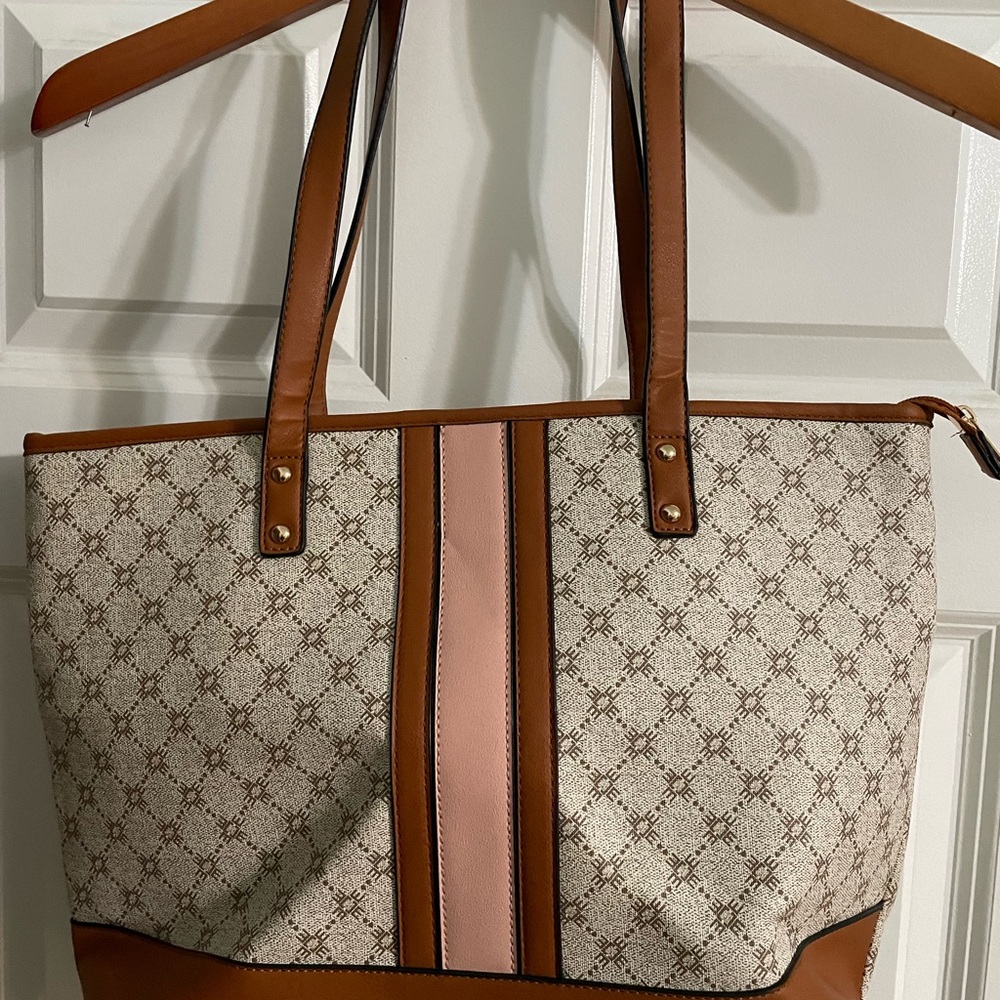 Chic Tan and Pink Tote with Monogram Pattern